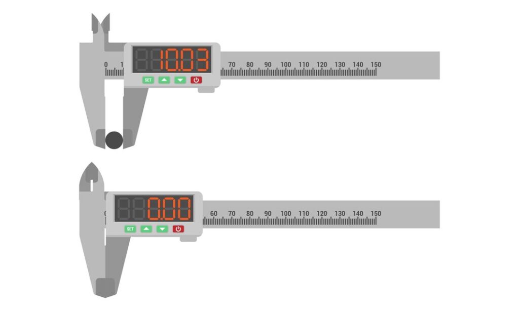 Close-up of a digital caliper displaying measurement error on screen