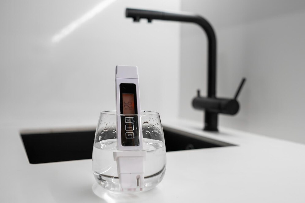 Digital TDS meter displaying water purity levels