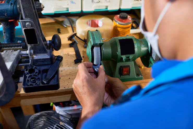 Technician using vibration meter to inspect industrial motor or machine