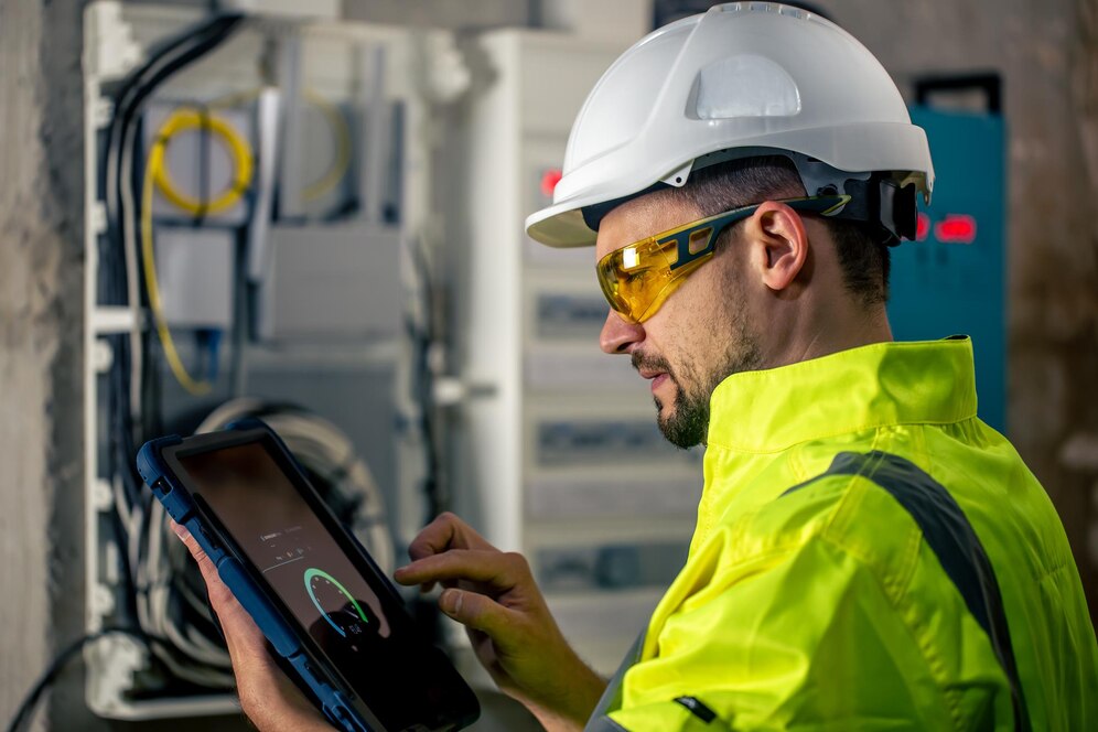 Close-up view of vibration testing equipment for rotating machines